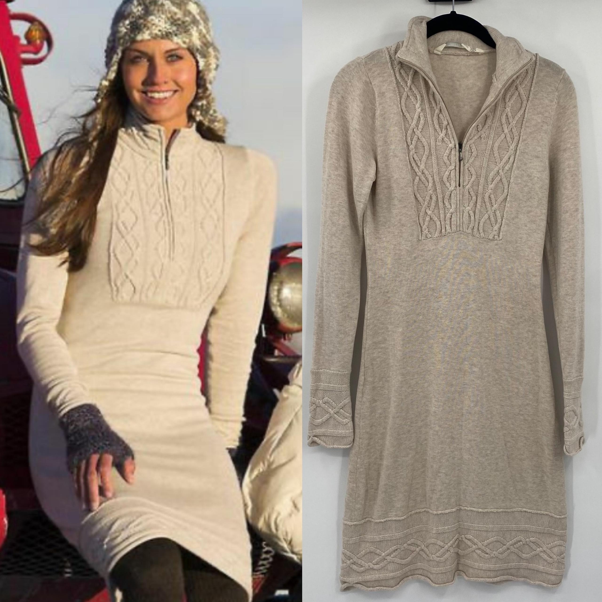 Athleta Sweater Dress Organic Cotton Wool Cable Knit Trim Mini Beige Womens XS