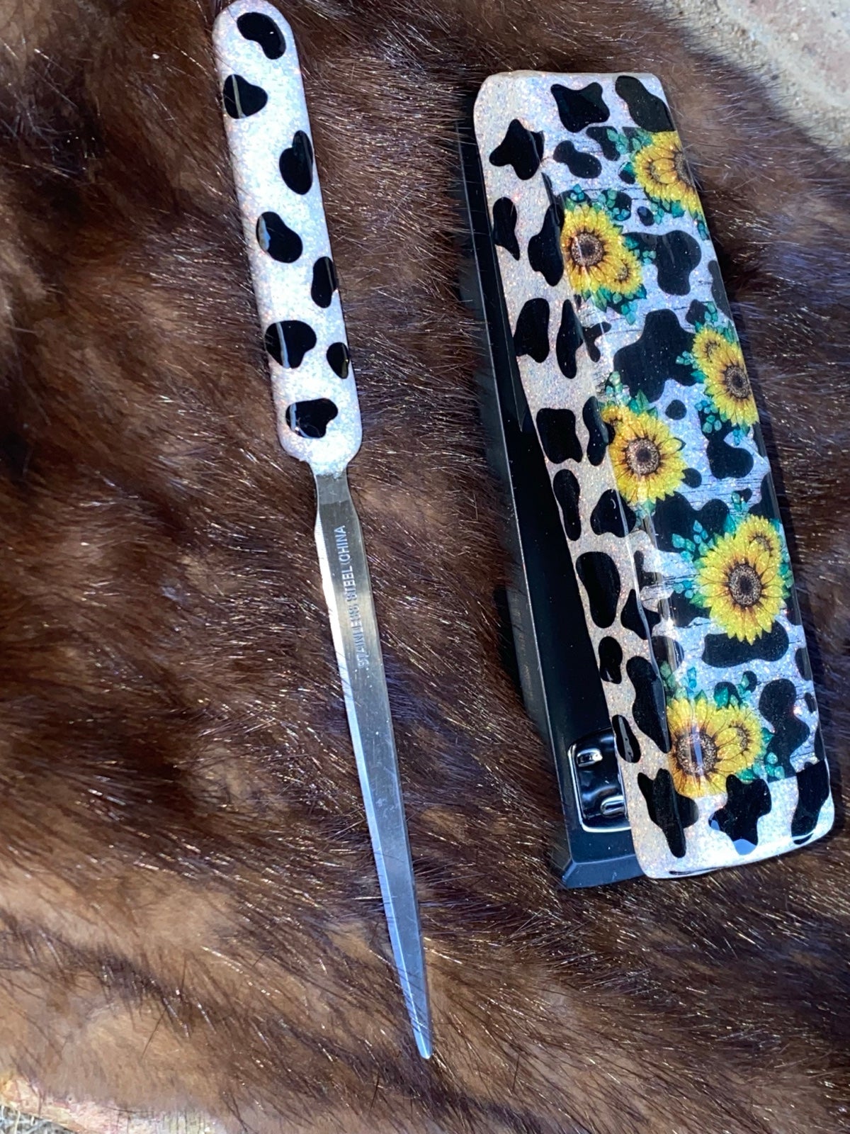 Epoxy Cow/Sunflower Theme Stapler and Letter Opener