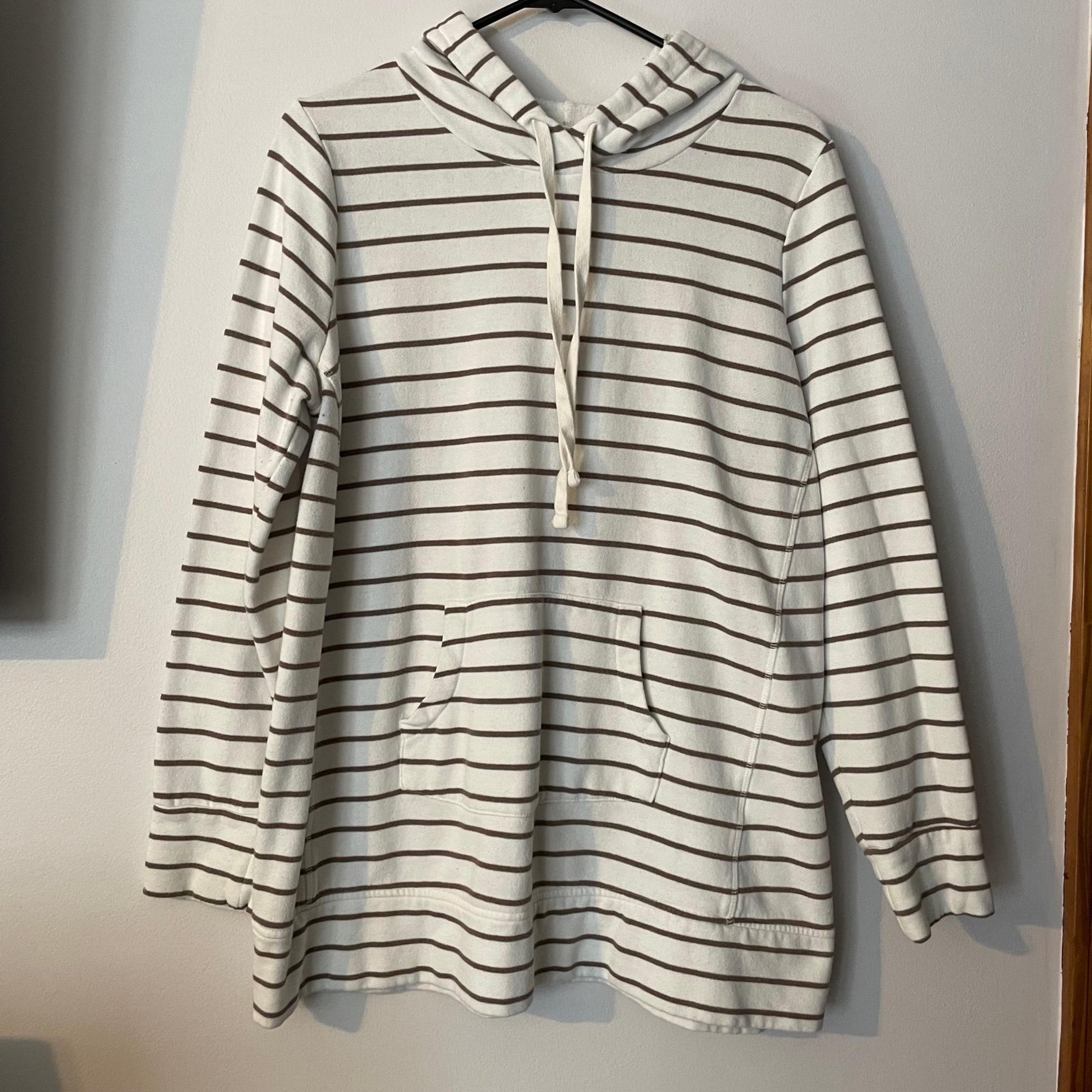 Motherhood Maternity women’s size large Striped hooded sweatshirt hoodie brown