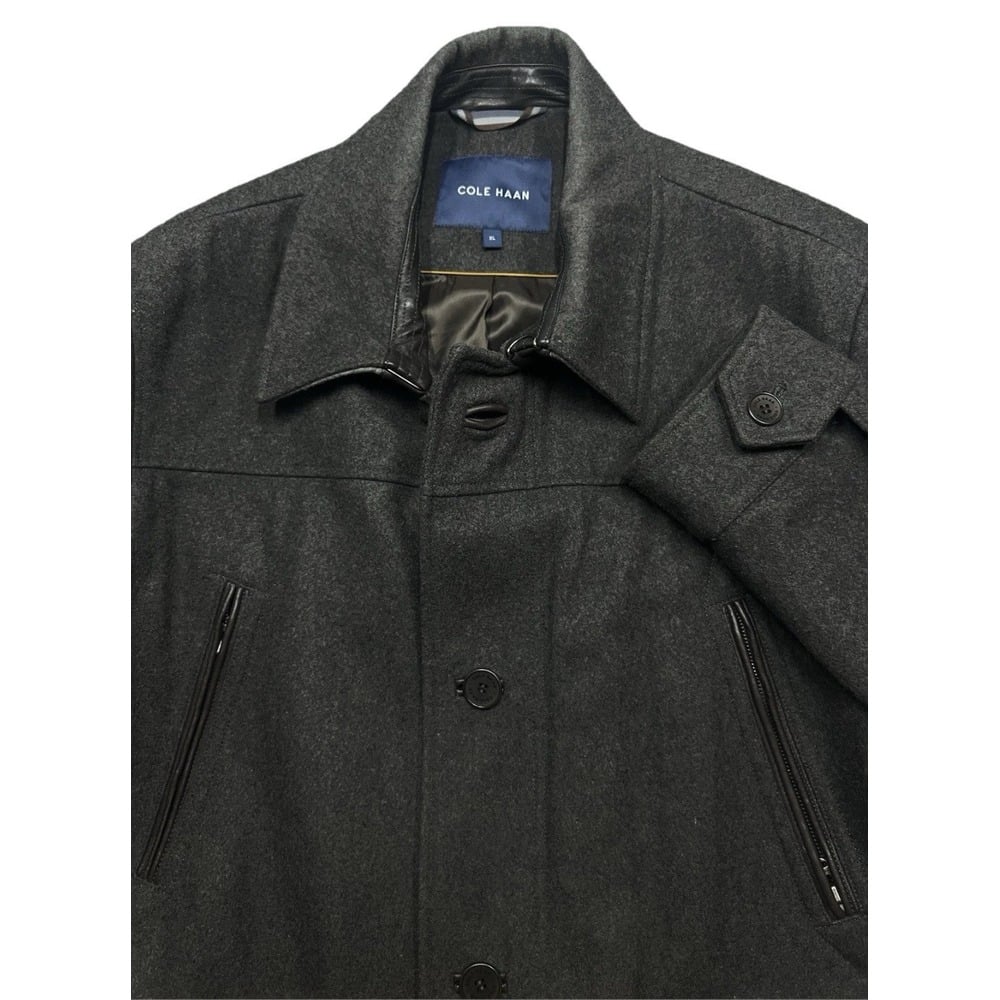 Cole Haan Wool Blend Lambskin Trim Mens Charcoal Wool Overcoat Size XL Peacoat