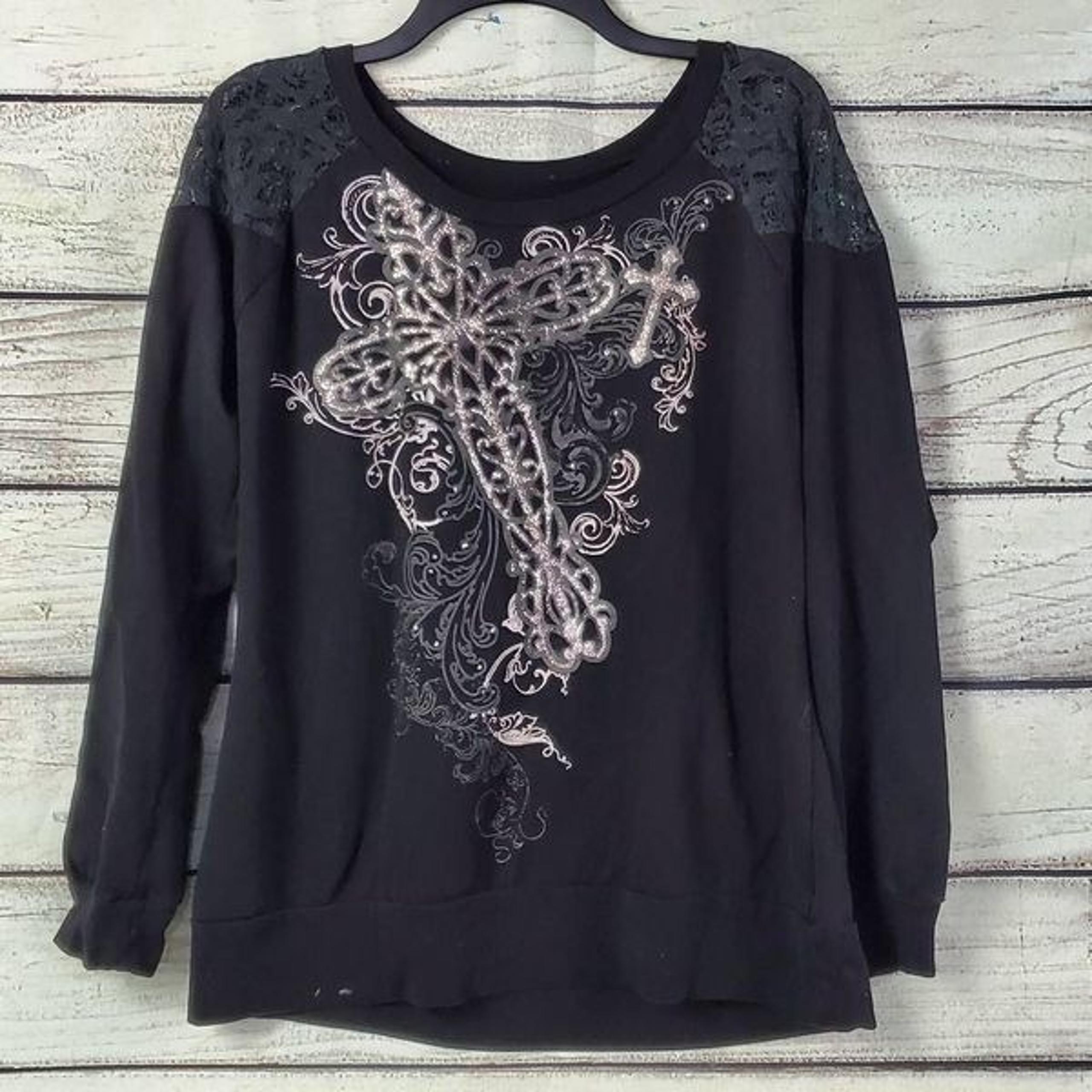 Vanity Women’s Black Sweatshirt 2XL Cross Graphic Lace Shoulder Pullover