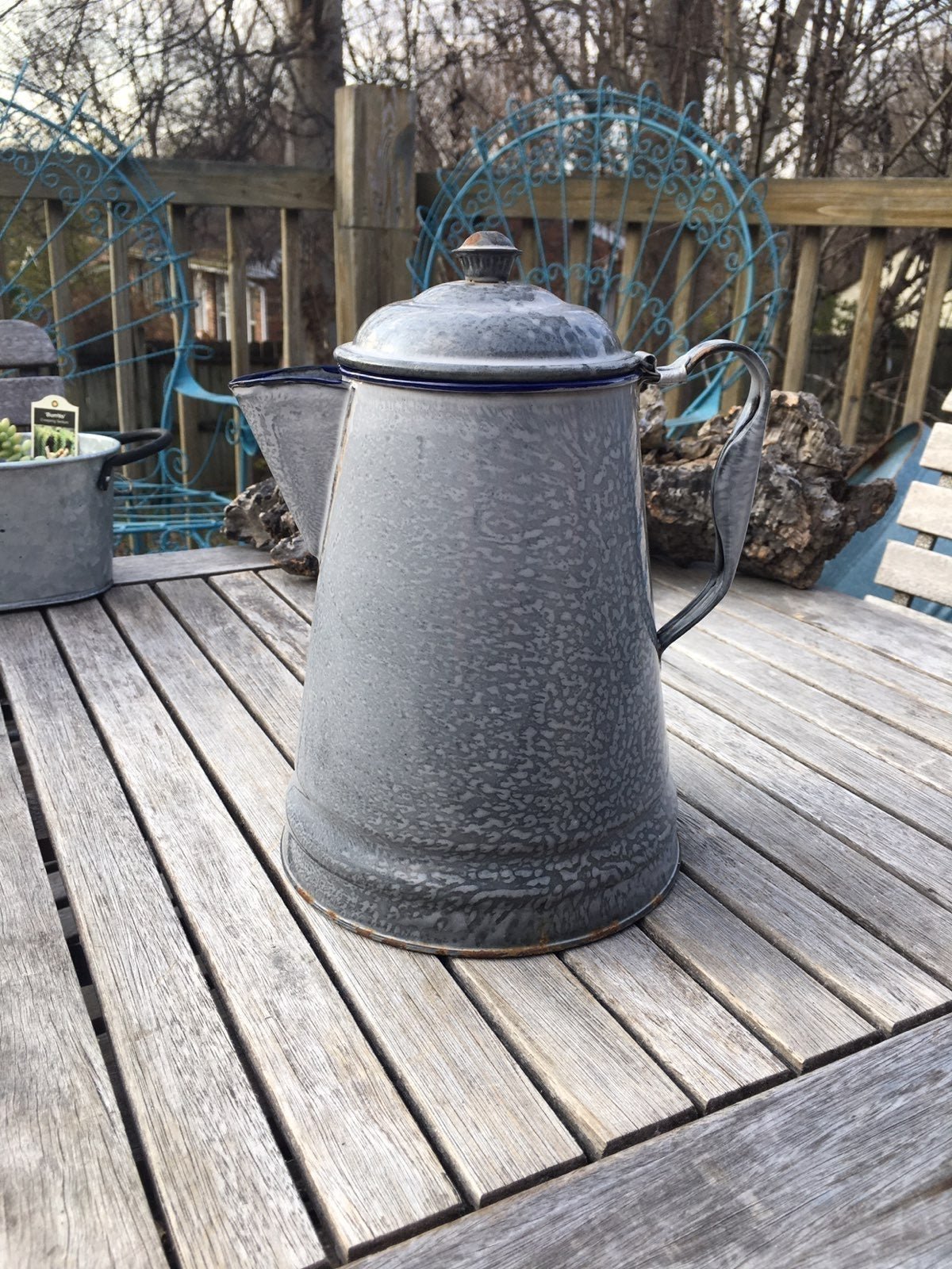 Antique Large Graniteware Porcelain Enamelware Coffee Pot Server Molten Grey