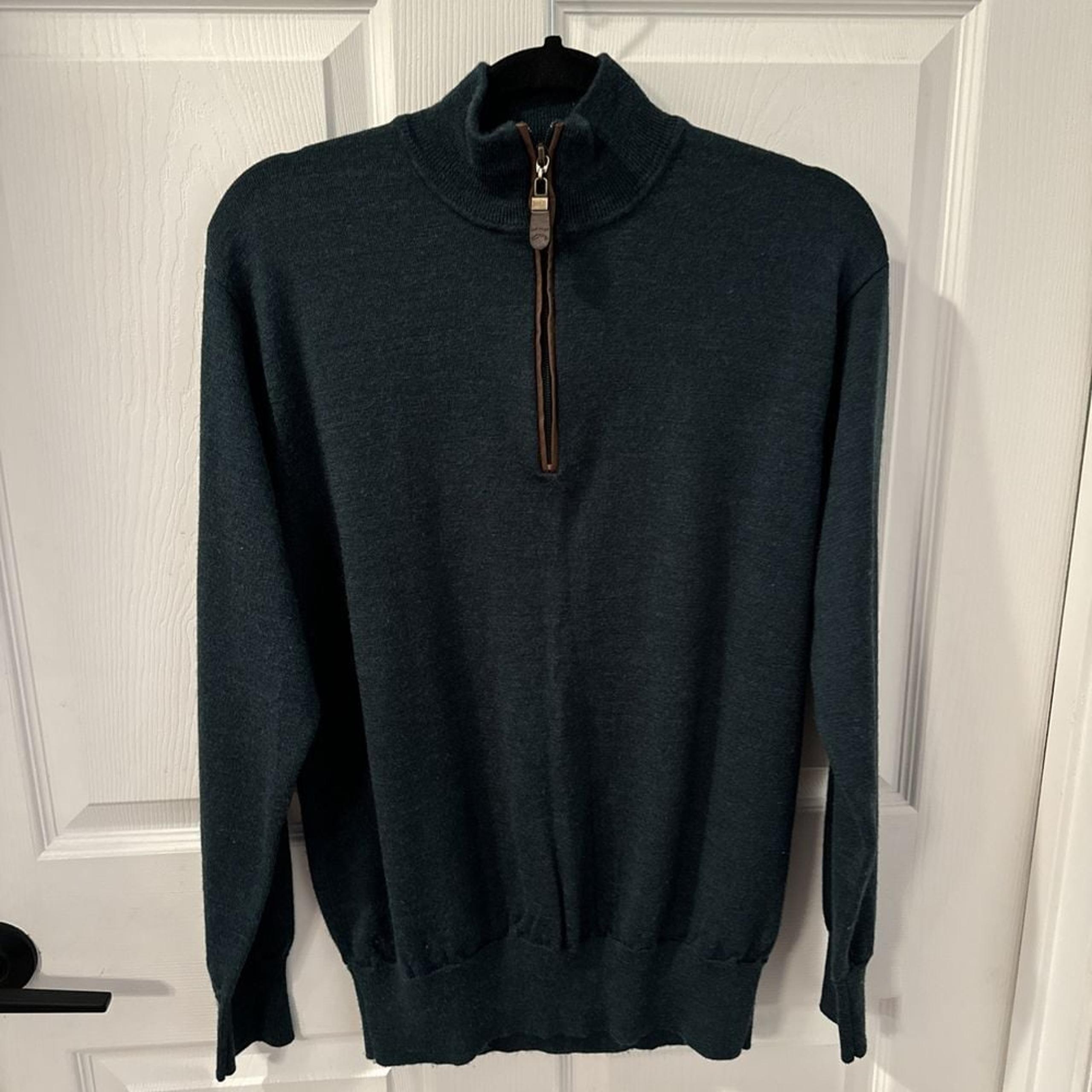 Orvis Men's 100% Wool Long Sleeve 1/4 Zip Polo Sweater  Green Ribbed Collar Med