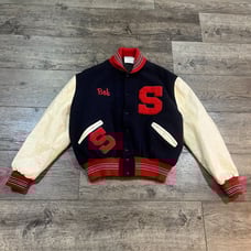 Vintage 80s Delong Blue Red White Varsity Letterman Jacket High School 48 Medium