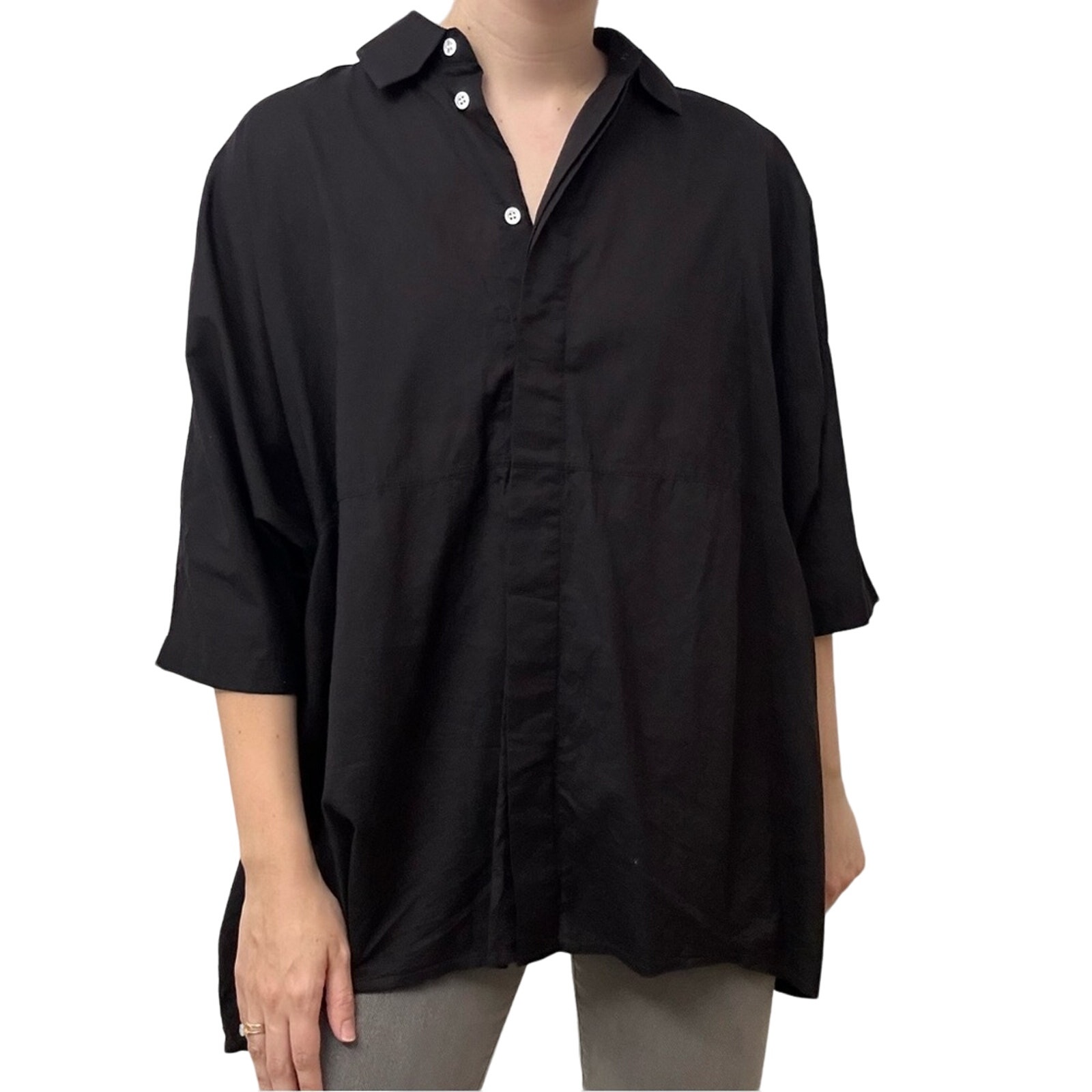 RHODE Shirt Button Down Black Cotton Oversized Lagenlook Size Extra Small