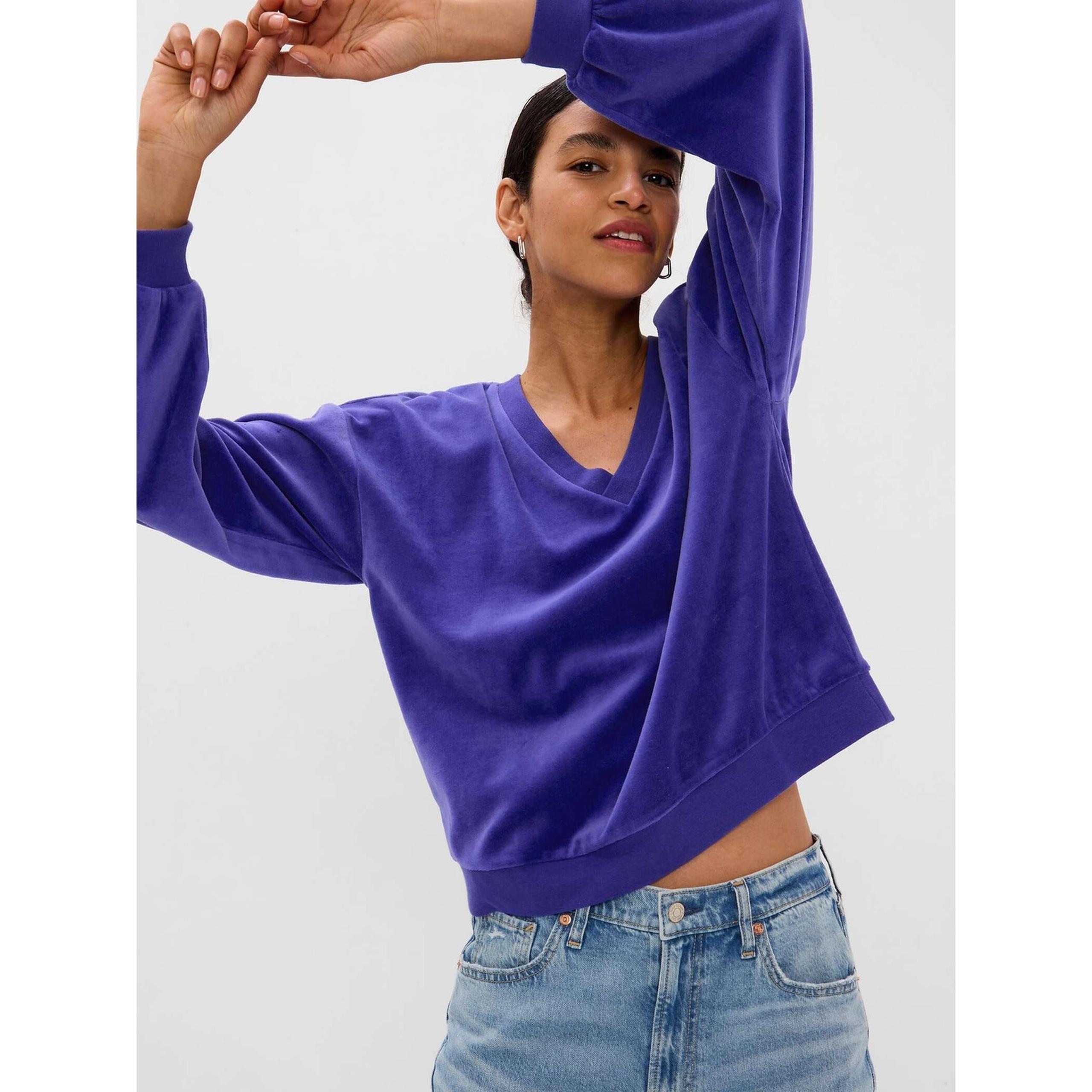 Gap Women's Easy V-Neck Long Sleeve Velour Pullover Top Sweatshirt Size 2XL Blue