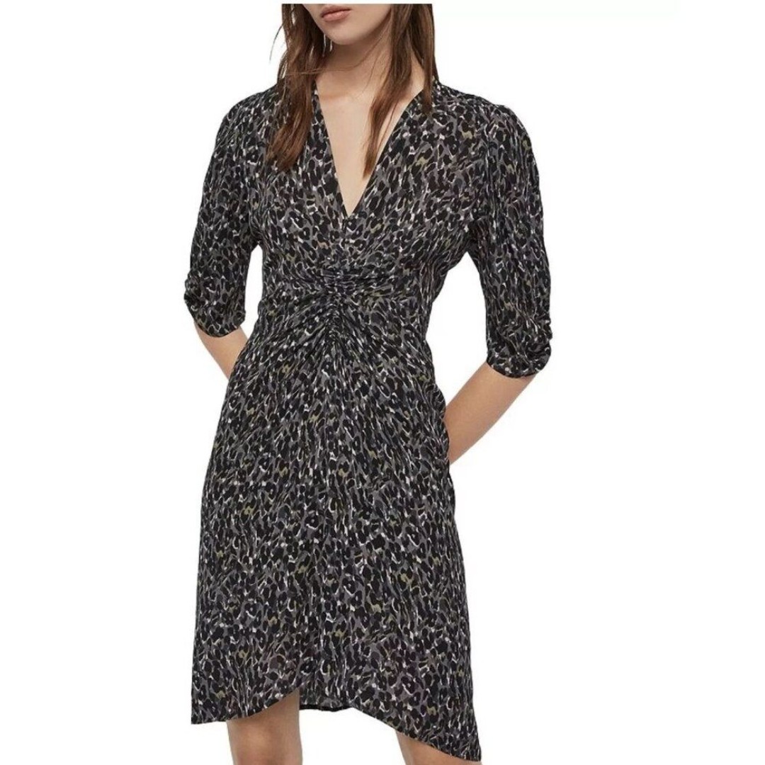 All Saints Josephine Waterleo Ruched Leopard Print Dress Khaki Green US 4/ EU 36