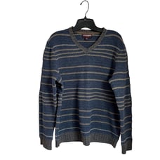 Johnston & Murphy Blue Lambswool Blend Striped V Neck Sweater Size Large