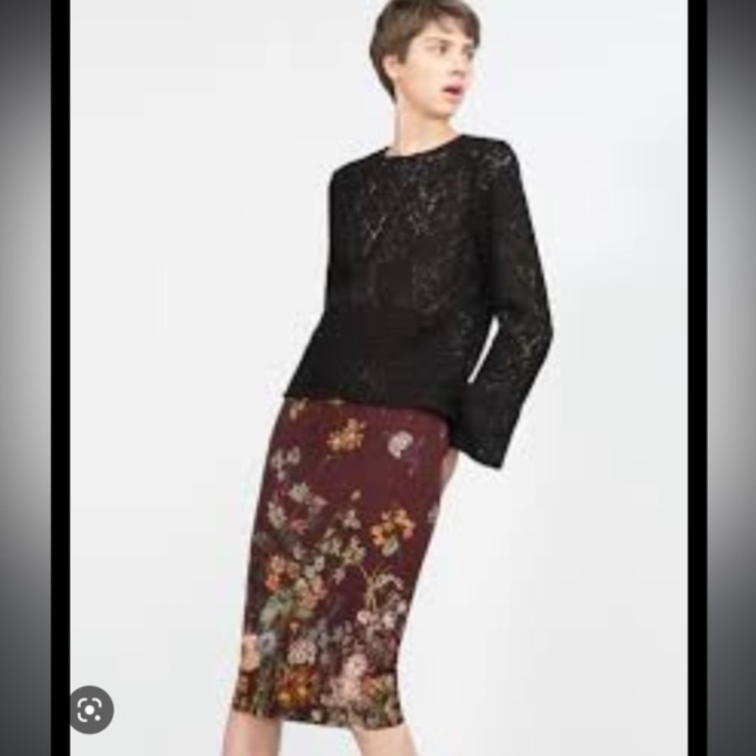 Zara Burgundy Floral Midi Skirt