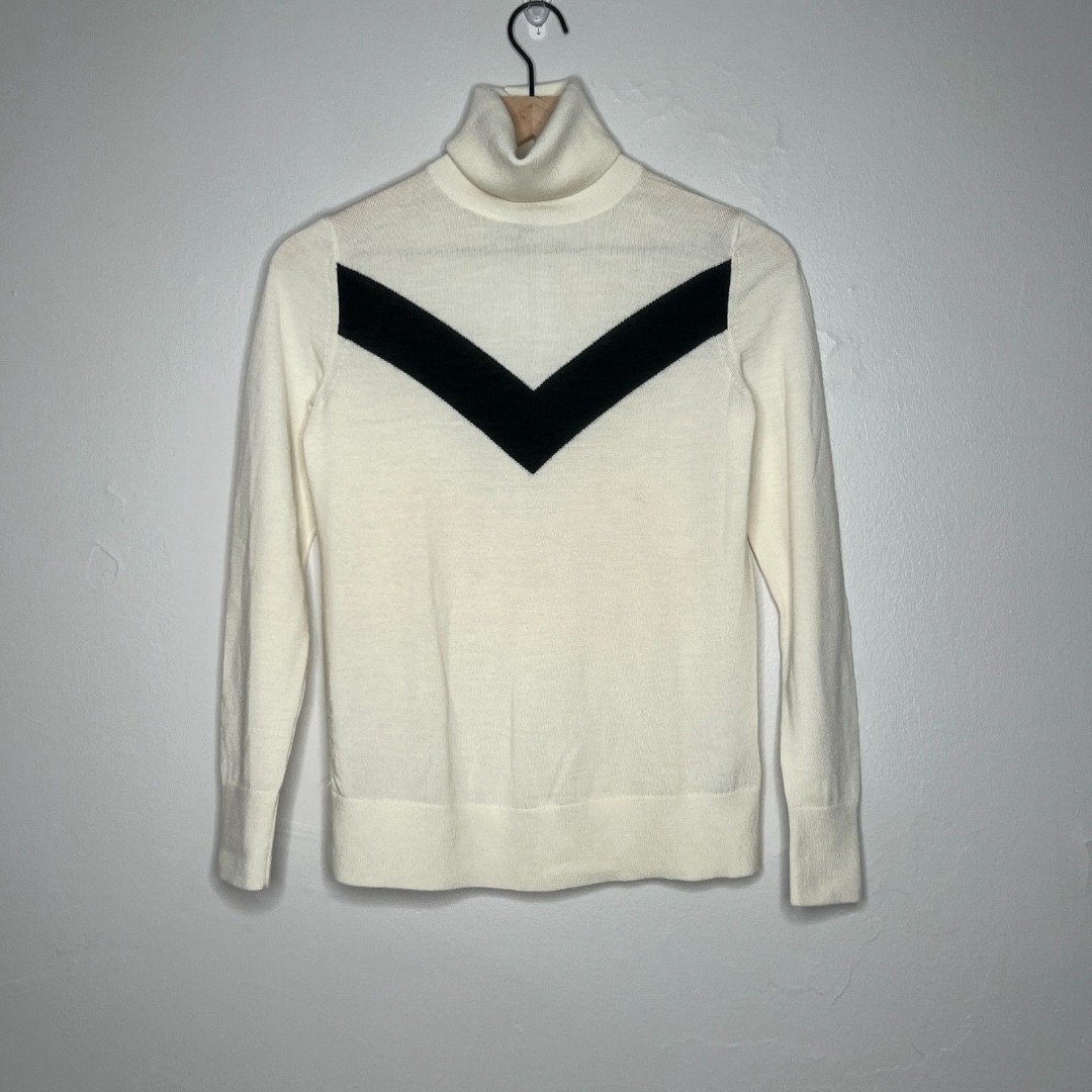 Banana Republic Womens Turtleneck Sweater XS Cream Black Extra Fine Merino Wool