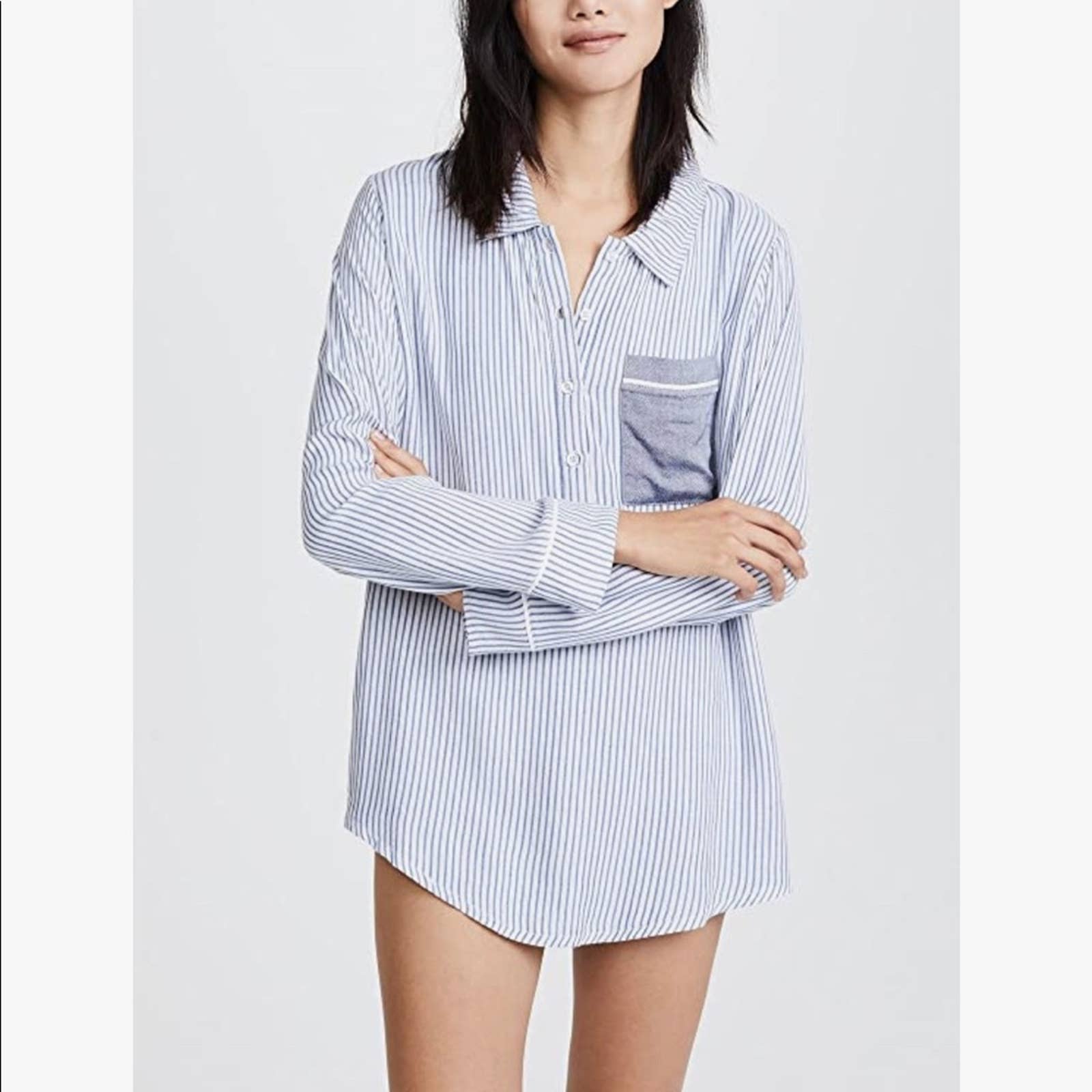 Revolve Plush Apparel Sleep Shirt Boyfriend Chambray Blue & White Striped Small