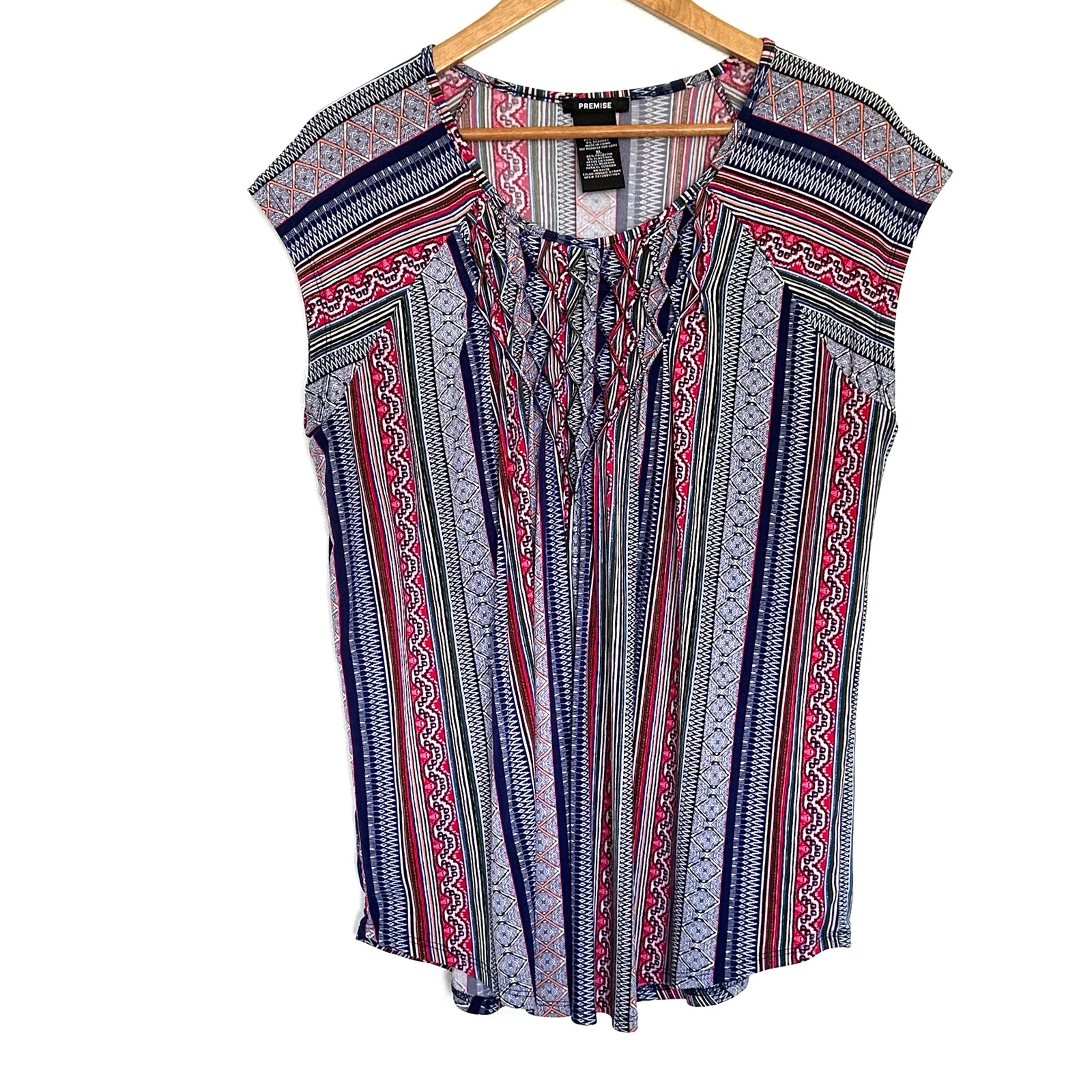 Premise Women’s Shirt XL Geometric Boho Pullover Round Neck Blouse Top