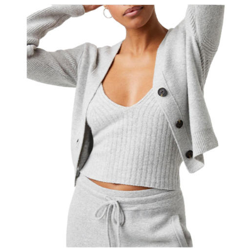 FRENCH CONNECTION GRAY RIBBED CAMISOLE & CARDIGAN SWEATER SET Large