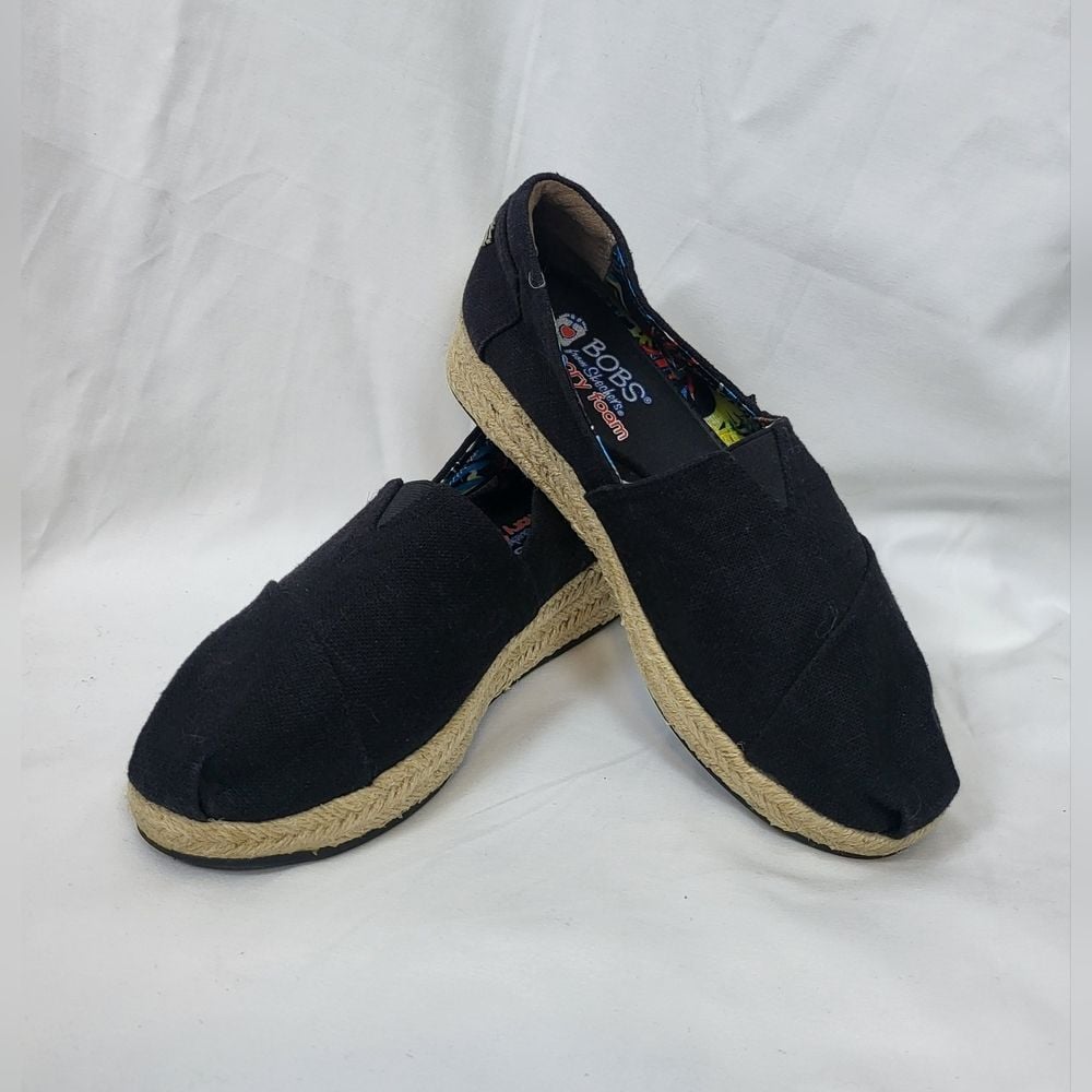 Bobs Skechers Womens Black Highlights Memory Foam Slip On Espadrille Wedge 8.5M