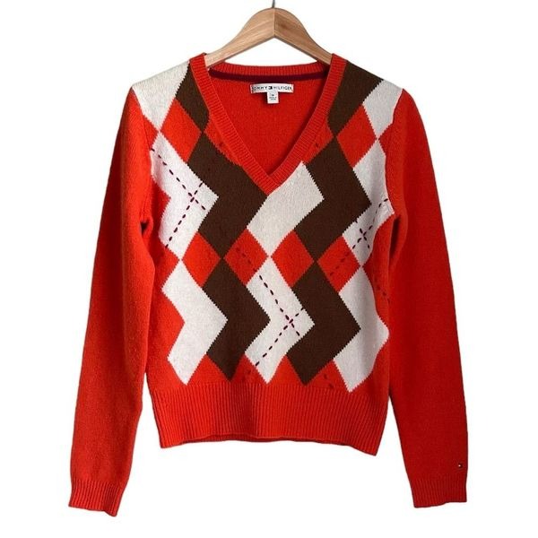 Y2K Tommy Hilfiger Women M Sweater Angora Wool Argyle Orange Preppy Academia