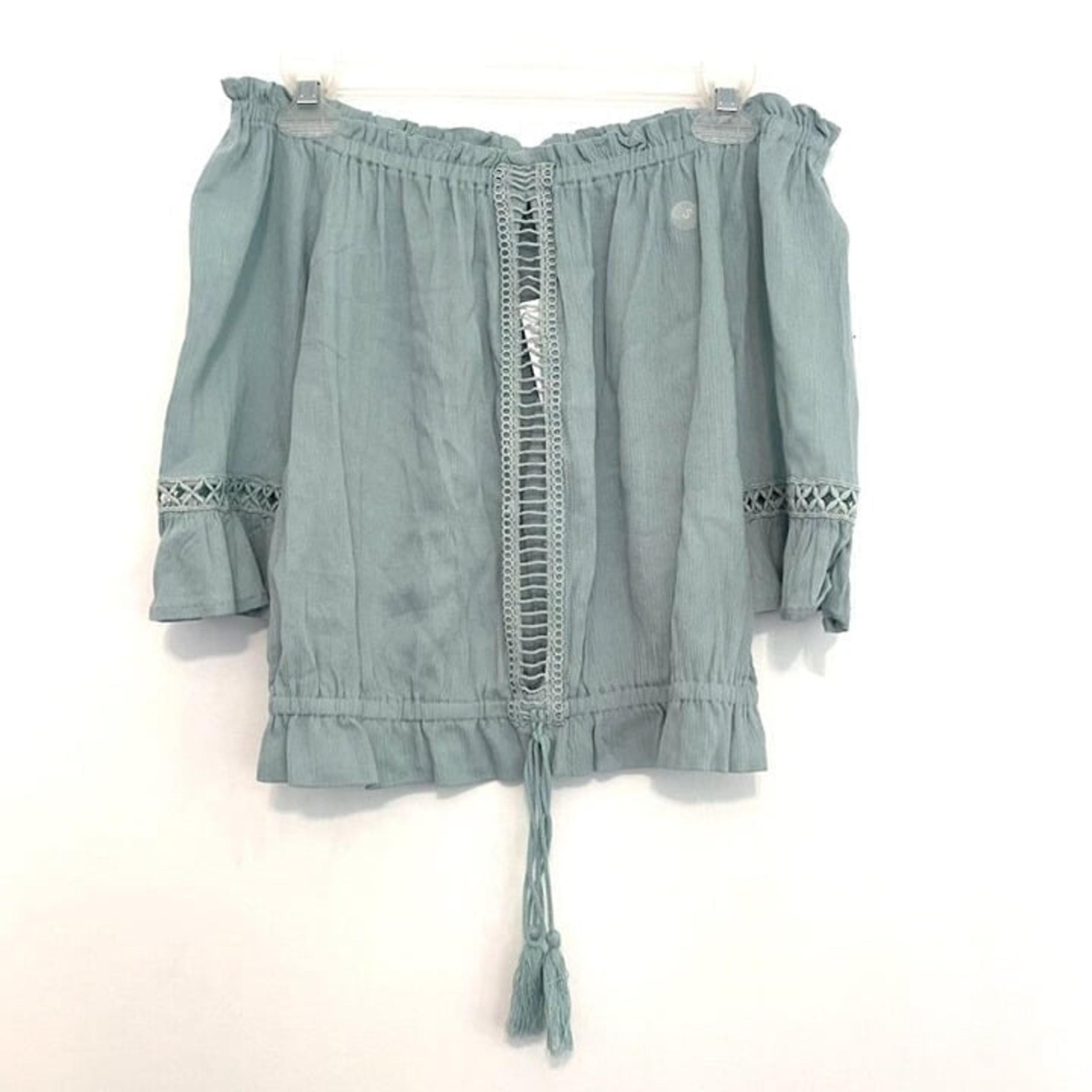 NEW NWT LA HEARTS PACSUN Aqua Blue Off the Shoulder Crochet Tassel Boho Blouse S