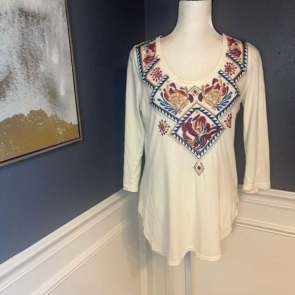 Johnny Was Embroidered Scoop Neck 3/4 Sleeve Tunic