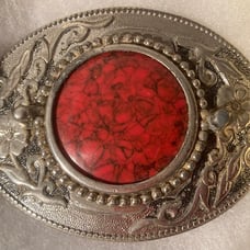 Vintage Metal Belt Buckle, Nice Red Turquoise Stone Design, Nice Western Design