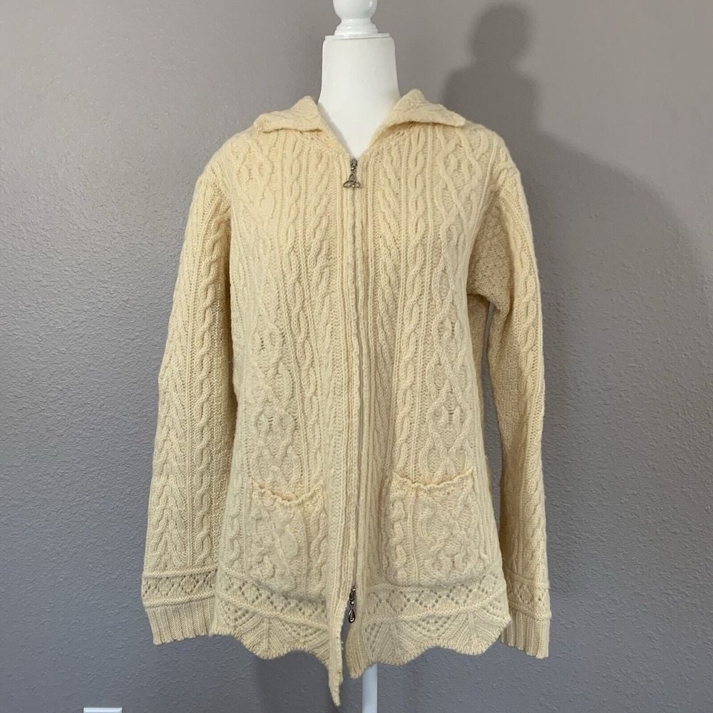 Inis Crafts Women's Cream Zippered 100% Merino Wool Sweater Size Large Ireland