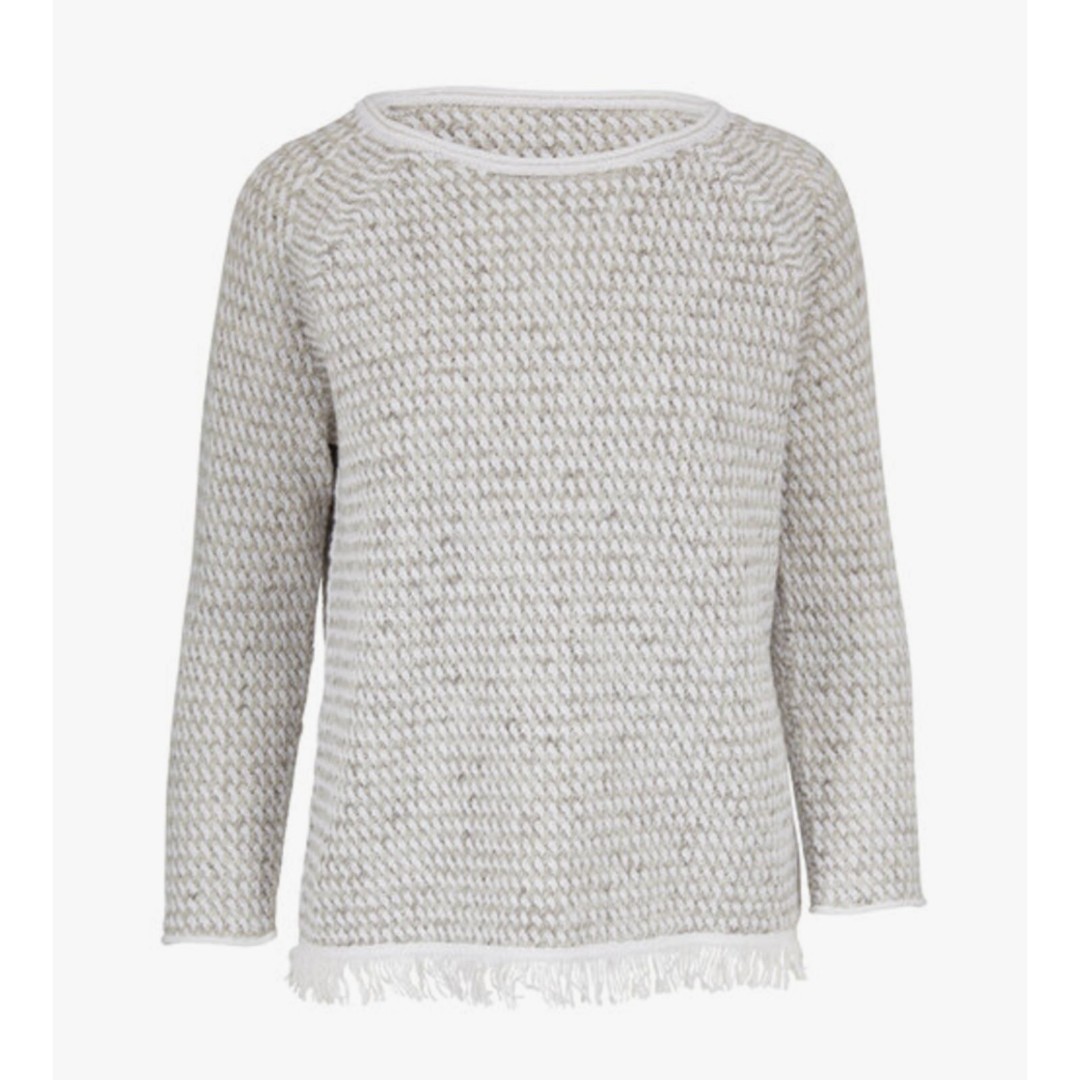 Kinross Quiet Luxury Chunky White & Pebble Lattice Knit Cotton Fringe Sweater L