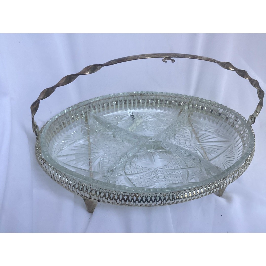 1267 Vintage European Oval Appertizers Silverplated Dish w/ Cut Crystal