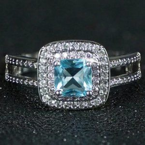 New Silver Blue Princess Cut Double Pink Halo Ring