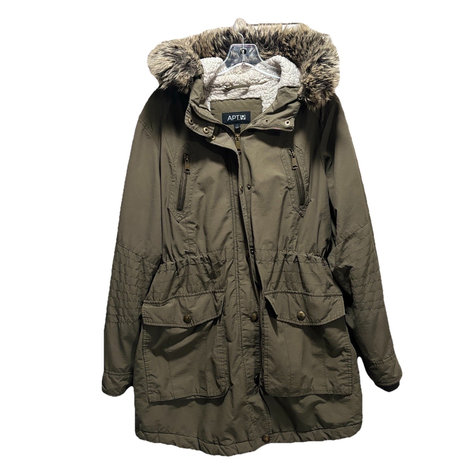 Apt. 9 Hooded Faux-Fur Anorak Parka Color Green Size Large Sherpa Lined Zip/Snap