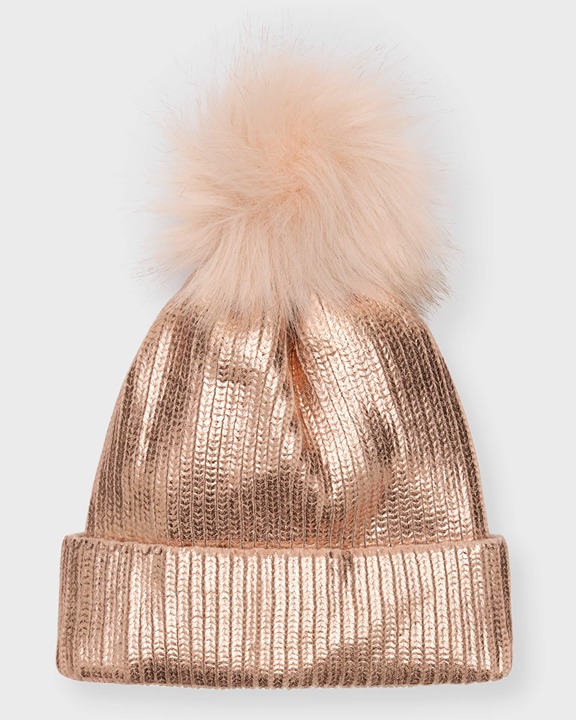 Adriane Landau Metallic Beanie With Faux Fur Pom Rose Gold