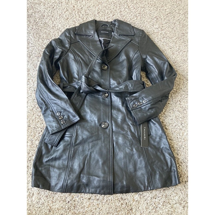 Tahari Womens Real Leather Black Belted Jacket PS 550