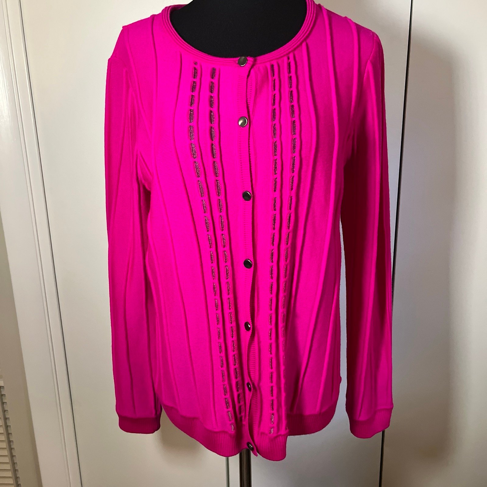 St John Sport Cardigan Sweater Bright Pink Wool Ribbed Size Medium NWOT