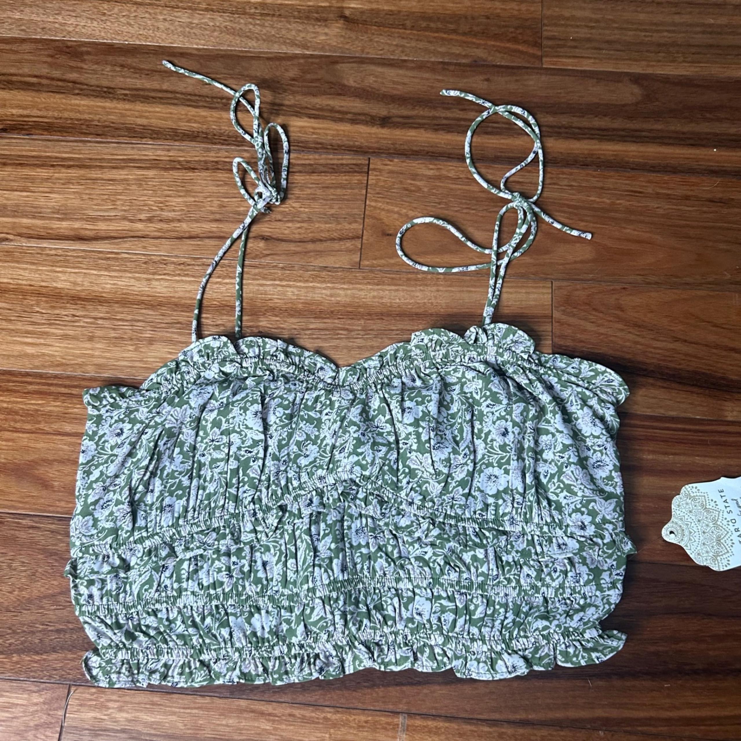 Altar'd State Floral Crop Top Smocked Ruffle Tie Strap Green White Size S