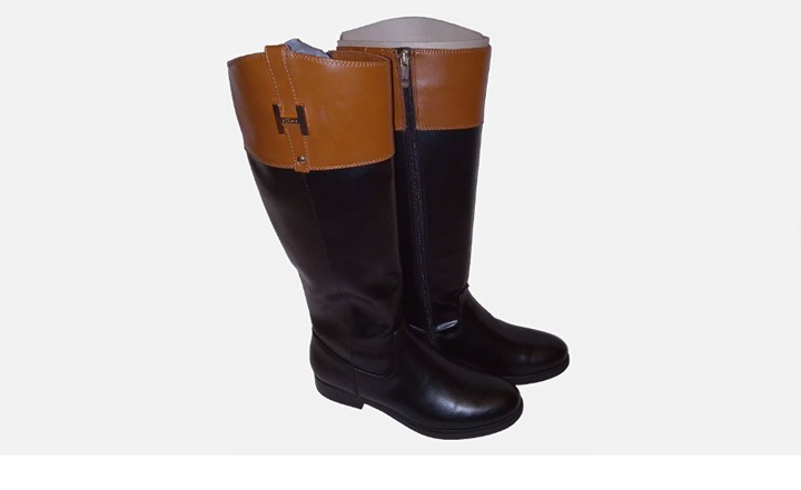 Tommy Hilfiger Sheyenne Riding Boots 8 Black Brown Gold H Buckle Equestrian 8M
