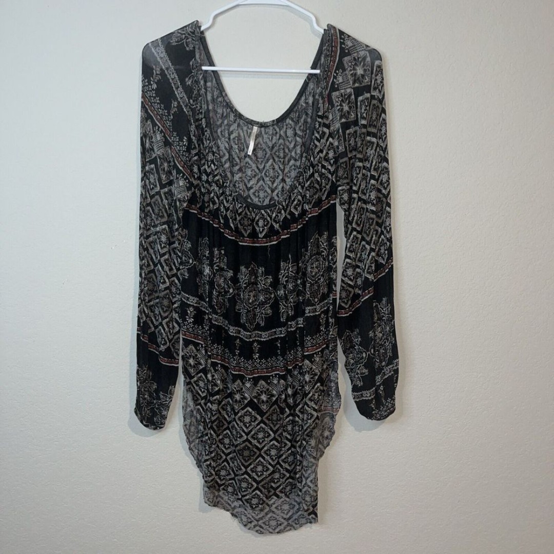 Free People Women Sz M Black Long Sleeve Open Back Knee Length Dress Embroidered