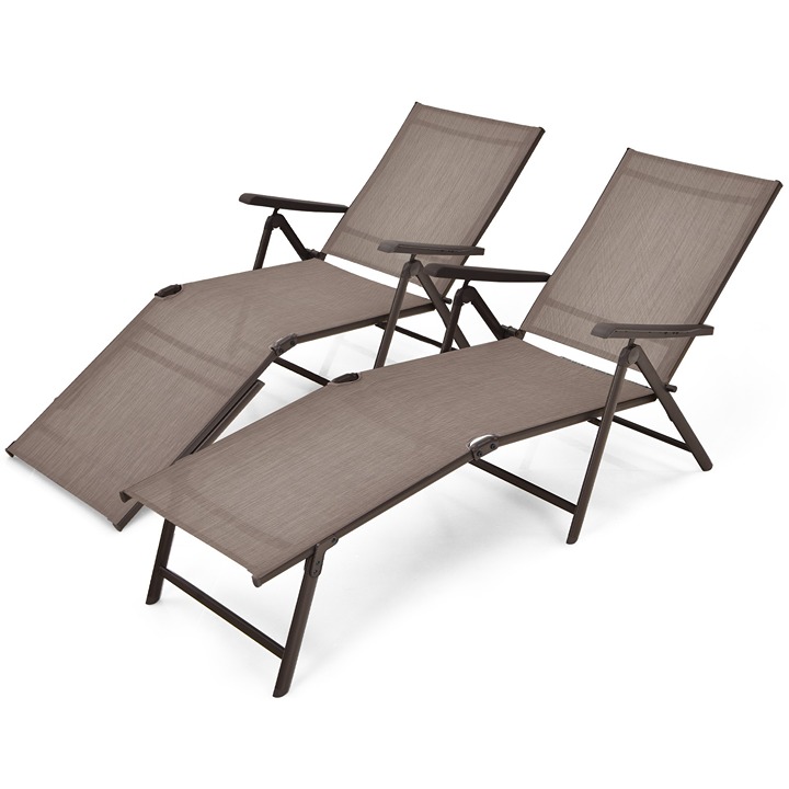 2 PCS Folding Chaise Lounge Chair Outdoor Portable Reclining Lounger Brown