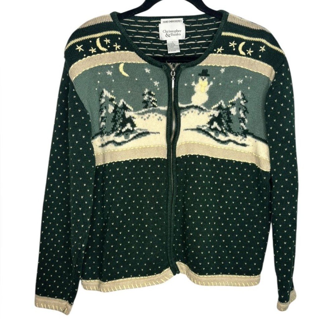 Vintage Y2K Hand Embroidered Green Textured Zip Front Winter Sweater Size Large