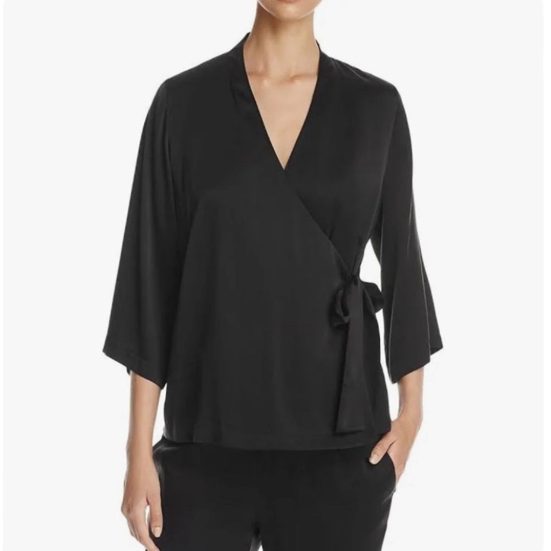 Eileen Fisher Silk Blend V-Neck Black Wrap Top NWT