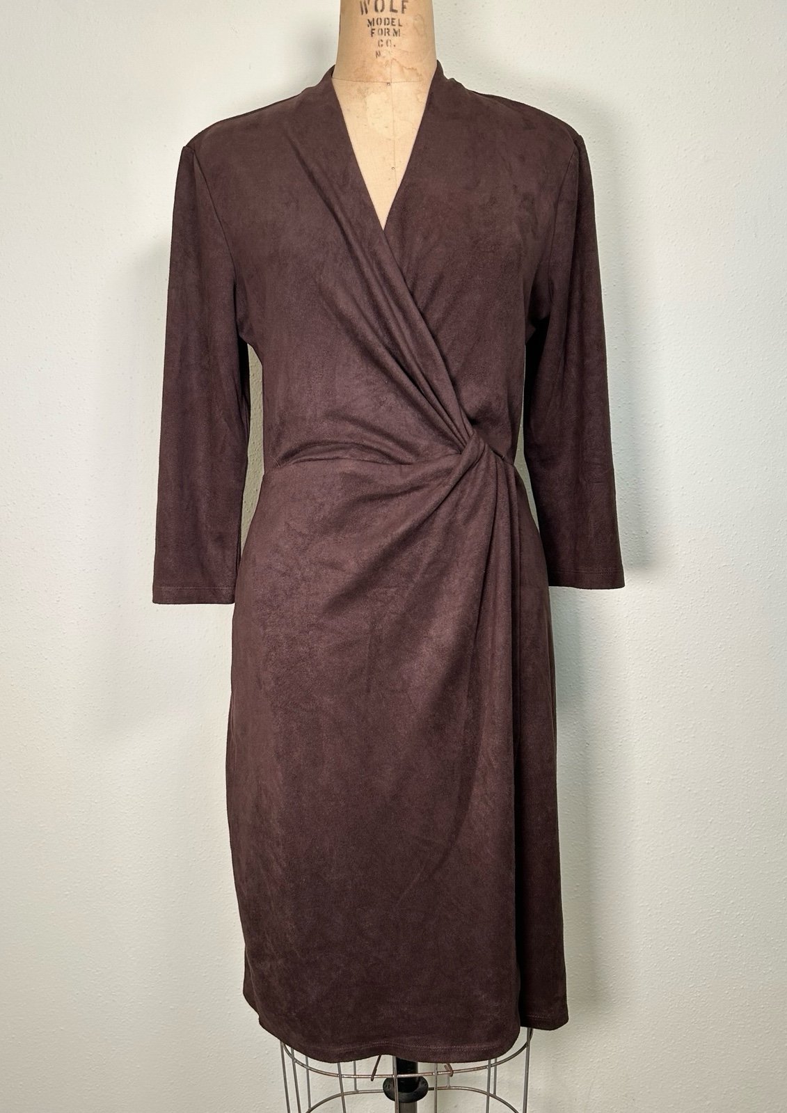 J. McLaughlin Dress Women's Lillian Brown Faux Suede Wrap 3/4 Sleeve Size Medium