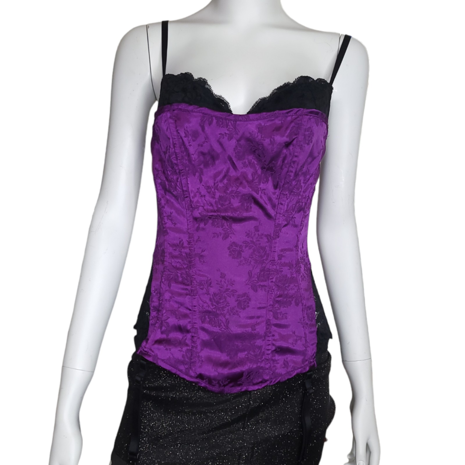 Fredericks of hollywood purple black lace corset bra with garter straps size 12