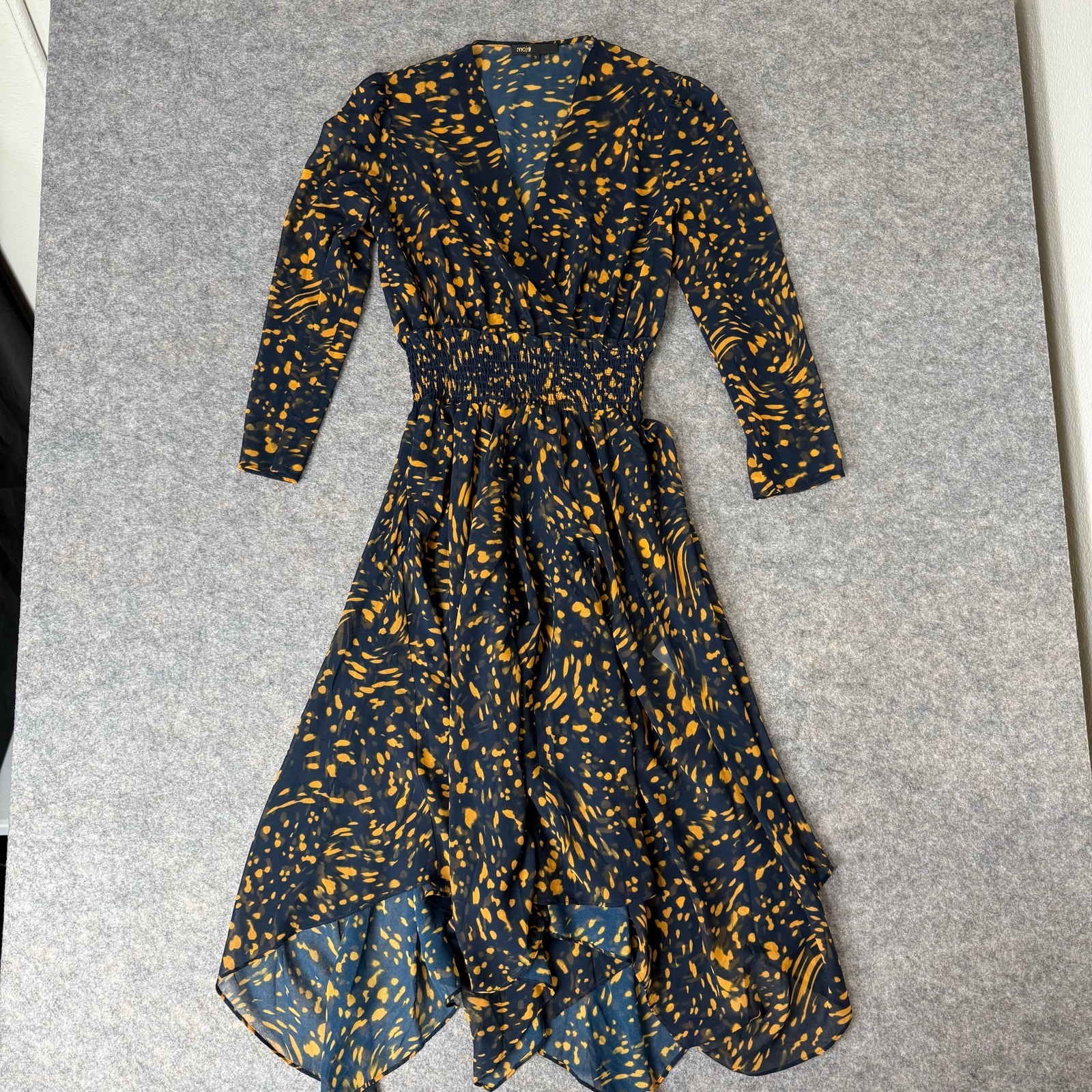 Maje Women’s Navy/Yellow Spotted Sheer Asymmetrical Midi Dress Size US Large