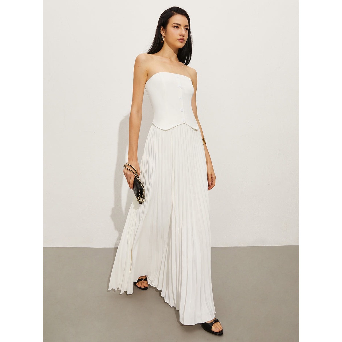 Commense Pleated maxi dress Strapless Button Up White Party Elegant size S