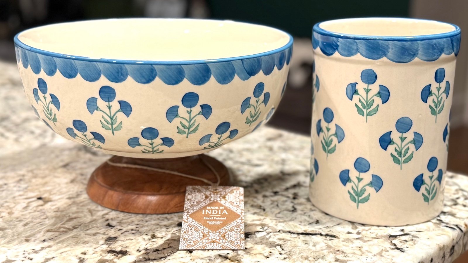 New Made in India blue floral berry print ceramic fruit bowl & salt/pepper set