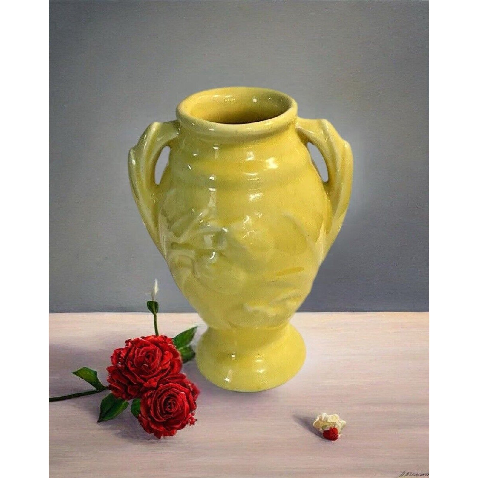 Shawnee Pottery Vase Leaves and Berries Yellow Double Handle mark USA Embossed