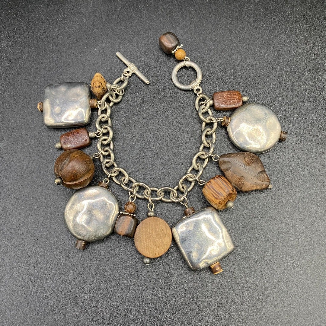 Vintage Hammered Metal & Wood Bead Charm Chain Bracelet