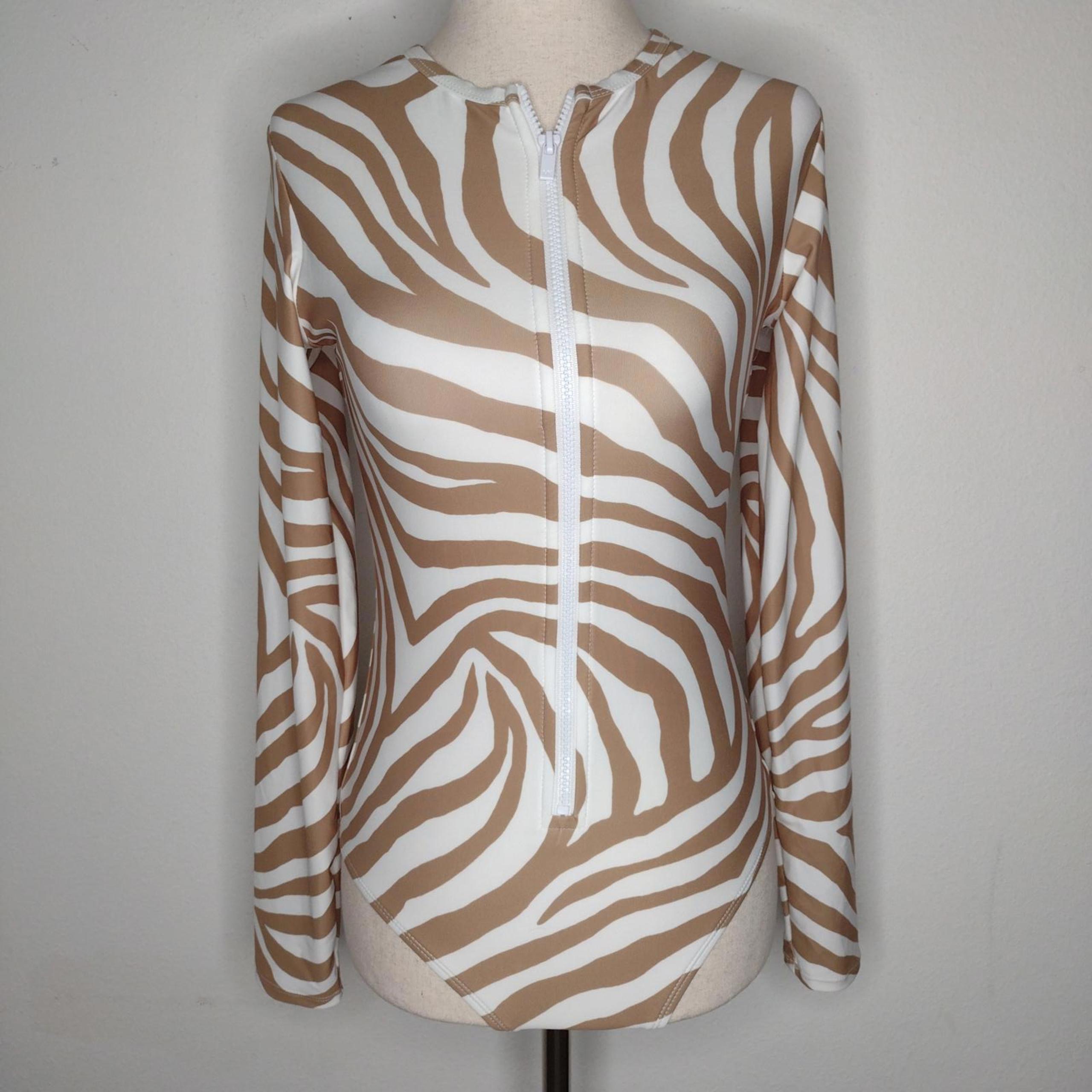 NWOT MICHAEL Michael Kors Women's White/Tan/Long Sleeve One-Piece Swimsuit Sz 10