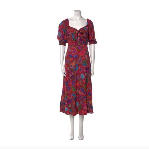 Farm Rio Puff Sleeve Pink Floral Sweetheart Smocked Midi Dress Hawaii Vacation M