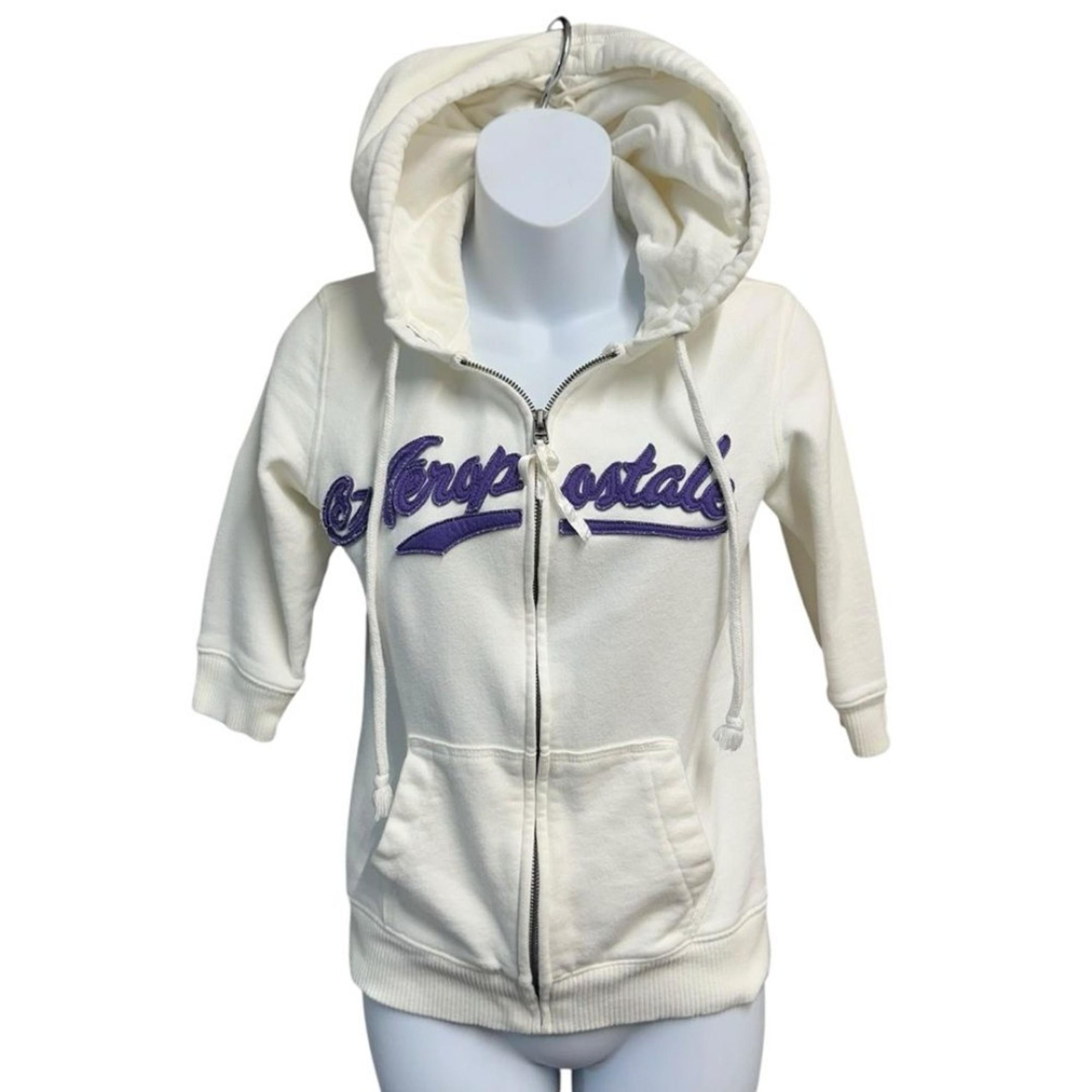 Aeropostale Jacket Womens Medium White 3/4 Sleeve Vintage Y2K Zip Up Logo Hoodie