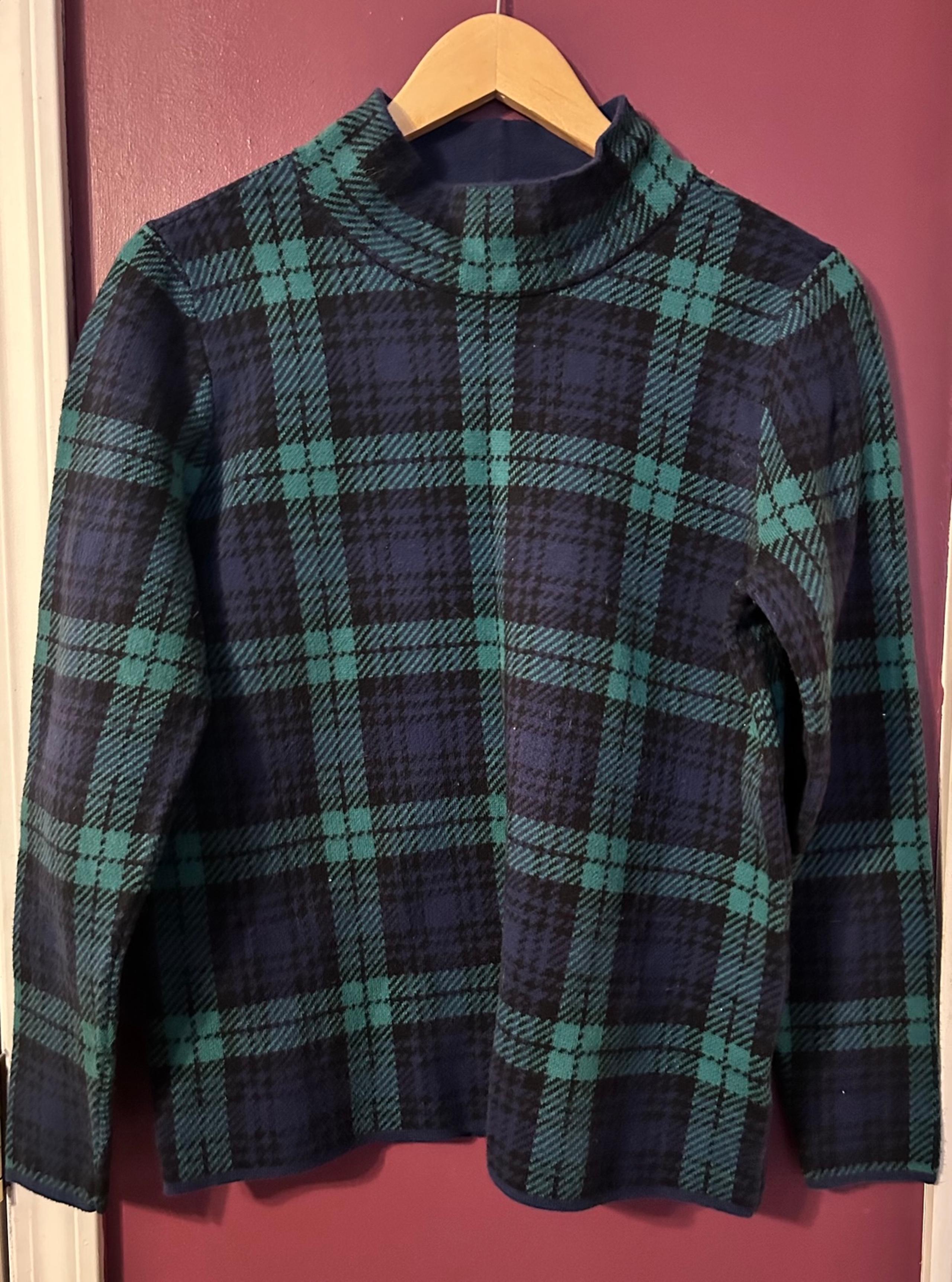 Lands' End Navy and Green Plaid Pullover Mock Neck Sweater Size Medium Petite