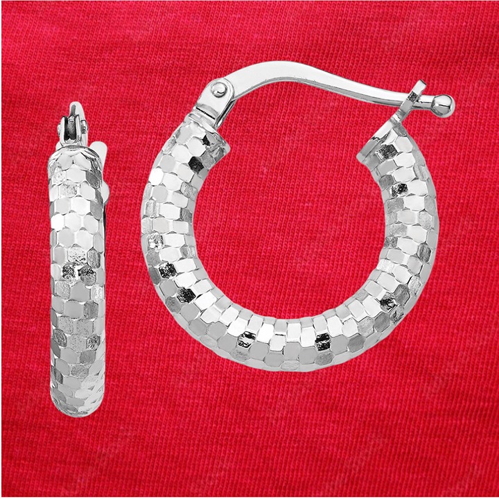 14k White Gold 3x10mm Diamond-cut Hoop Earrings