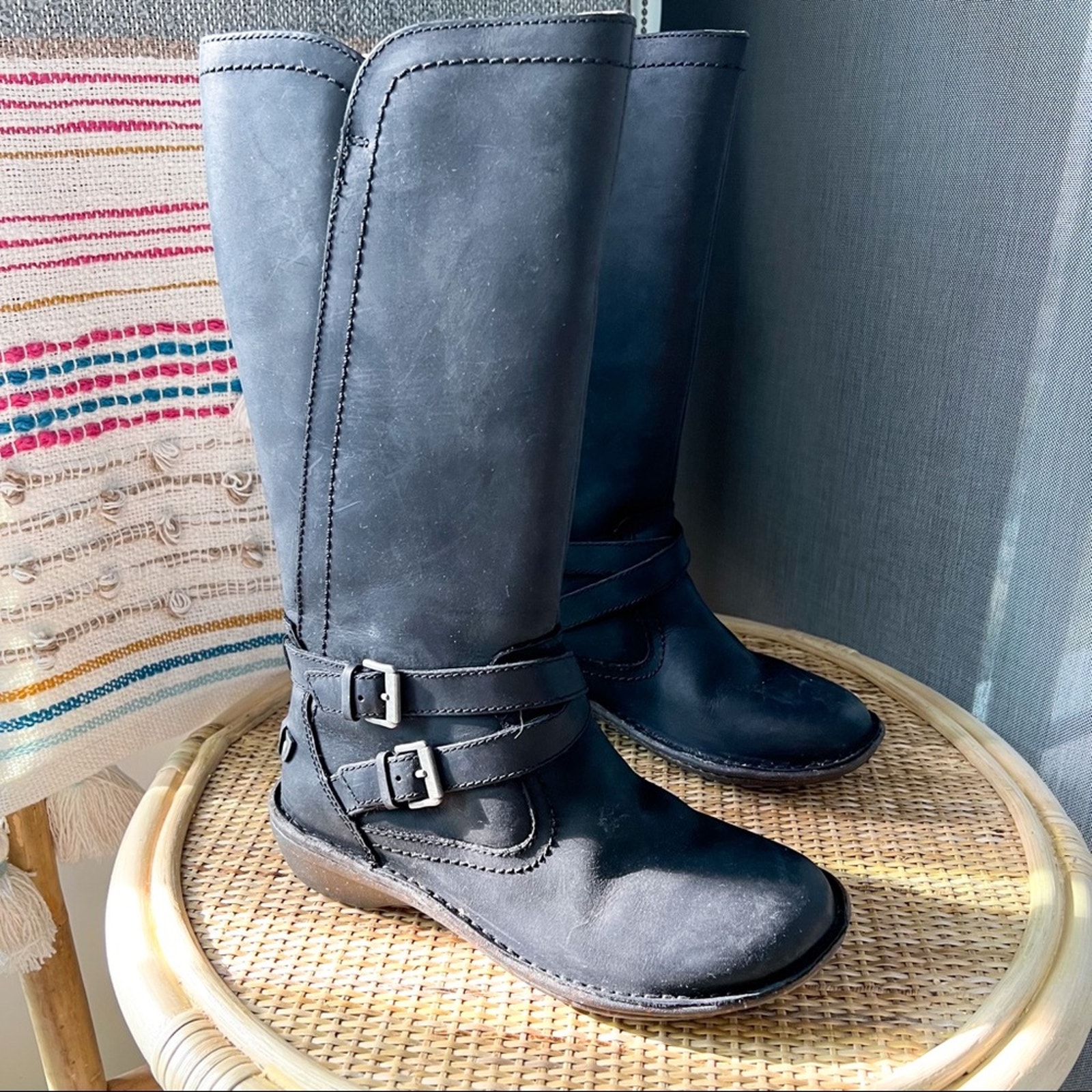 UGG Rosen Black Shearling Lined Tall Leather Winter Boots Women’s 6