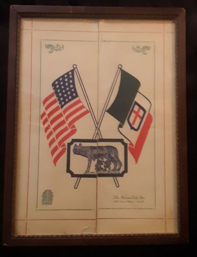 Framed 1942 ITALIAN CLUB MENU Seattle